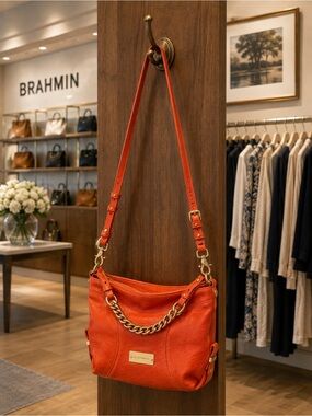 Brahmin Hailey Orange Pebbled Leather Hobo Crossbody Shoulder Bag